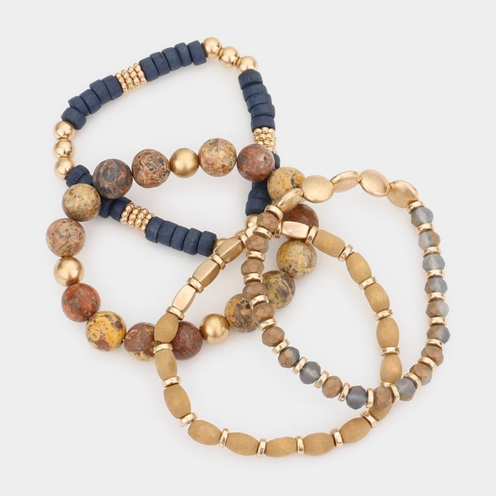 Set of 4 Stretchable Brown/Gold Stone and Wood Beaded Bracelets" - Picture 2 of 3